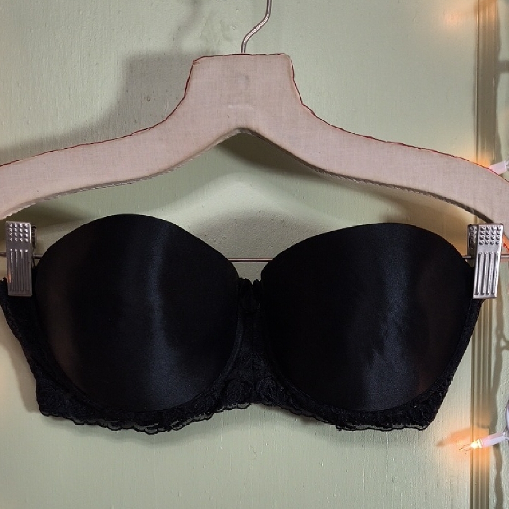 Women's Avon 36C Black Strapless Convertible Underwire Satin Lace Bra